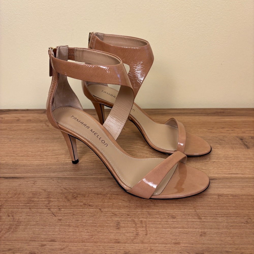 TAMARA MELLON Prowess Patent Ankle Strap Heel Sandals Taffy Tan Women Size 36